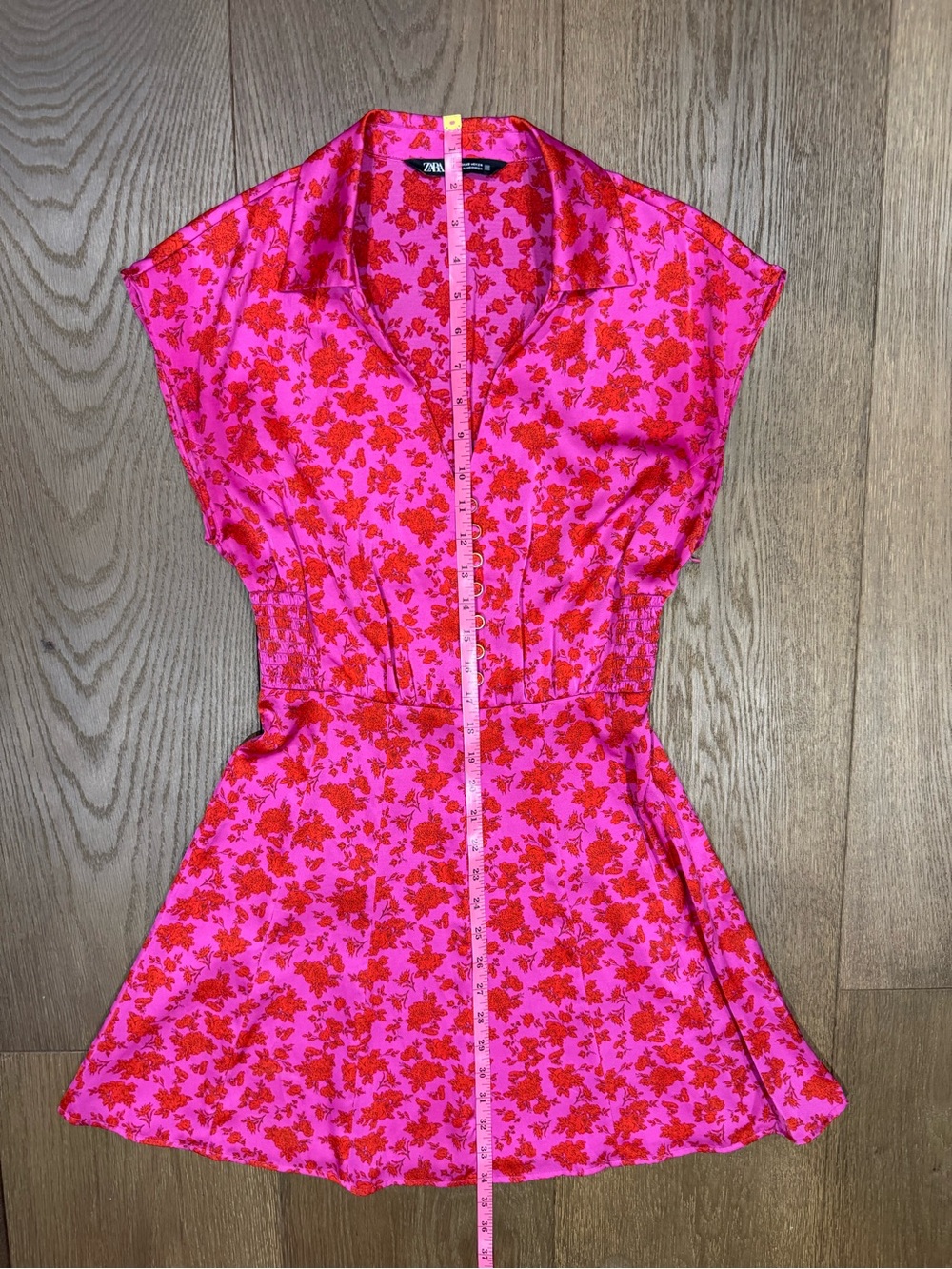 Zara Printed Satin Floral Mini Fit & Flare Dress Pink & Red - Picture 8 of 8